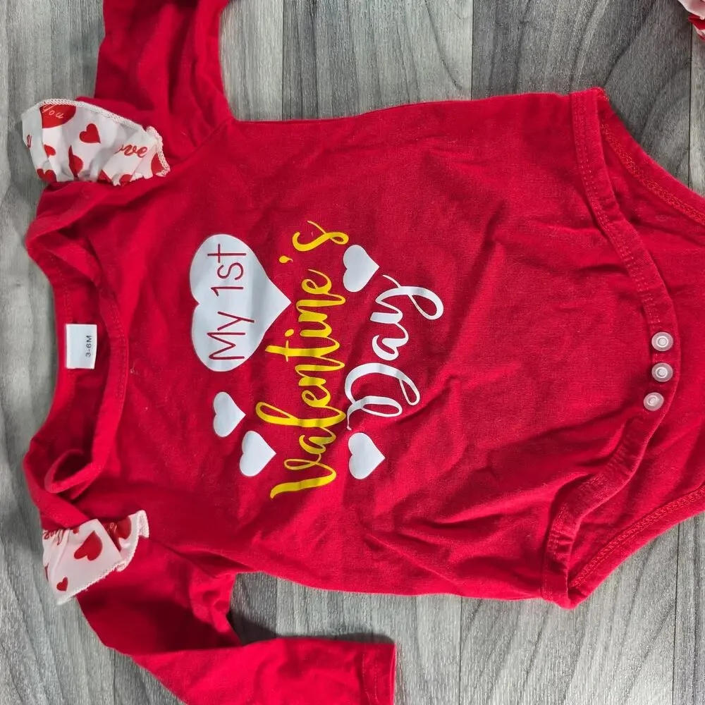 My 1st Valentine's Day Outfit Set Red White Hearts Shoes Bow 3-6M 5 Pc